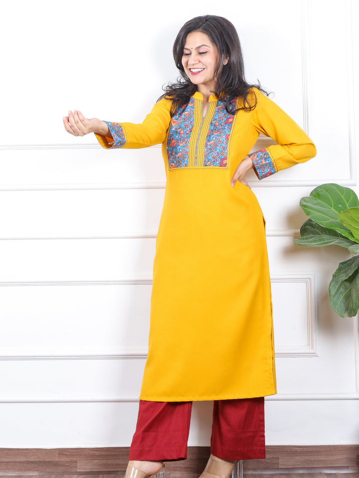 छाया Corn Yellow with Blue Kalamkari Printed Patch in Semi Pashmina Winter Kurti