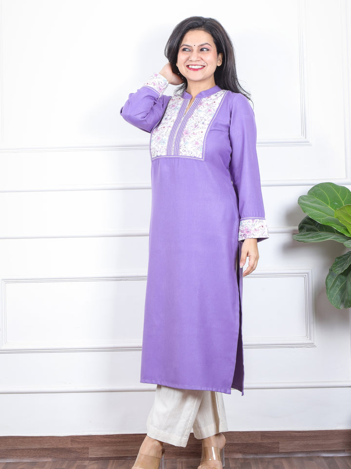 छाया Periwinkle Lilac Floral Printed Patch in Semi Pashmina Winter Kurti