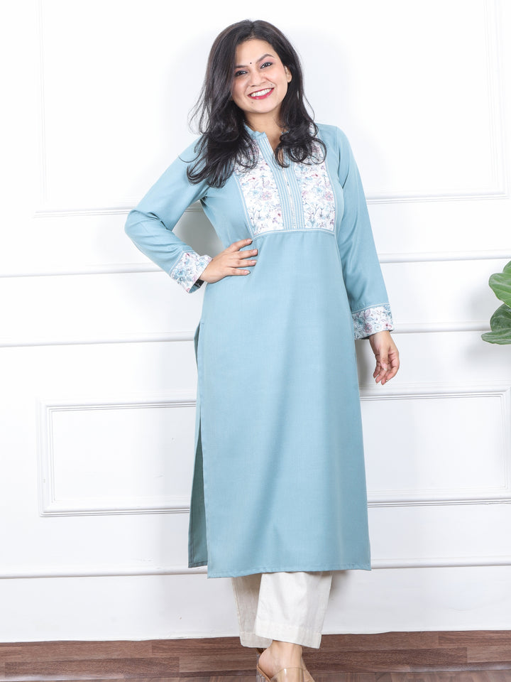 छाया Powder Blue Floral Printed Patch in Semi Pashmina Winter Kurti