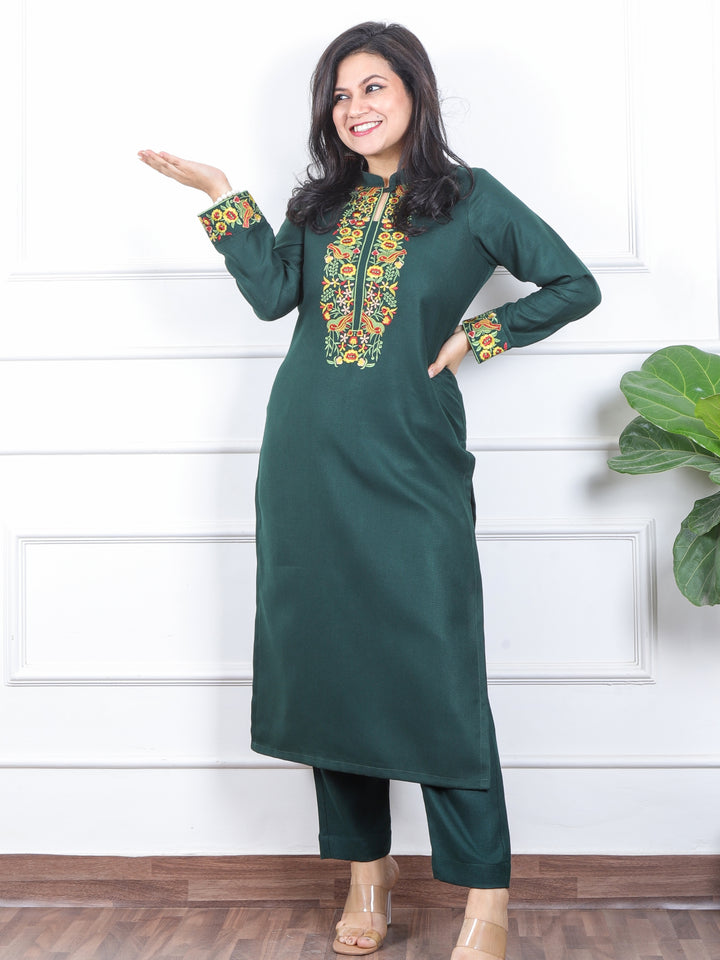 छाया Dark Green Thread Embroidered Neck Semi Pashmina Winter Kurti