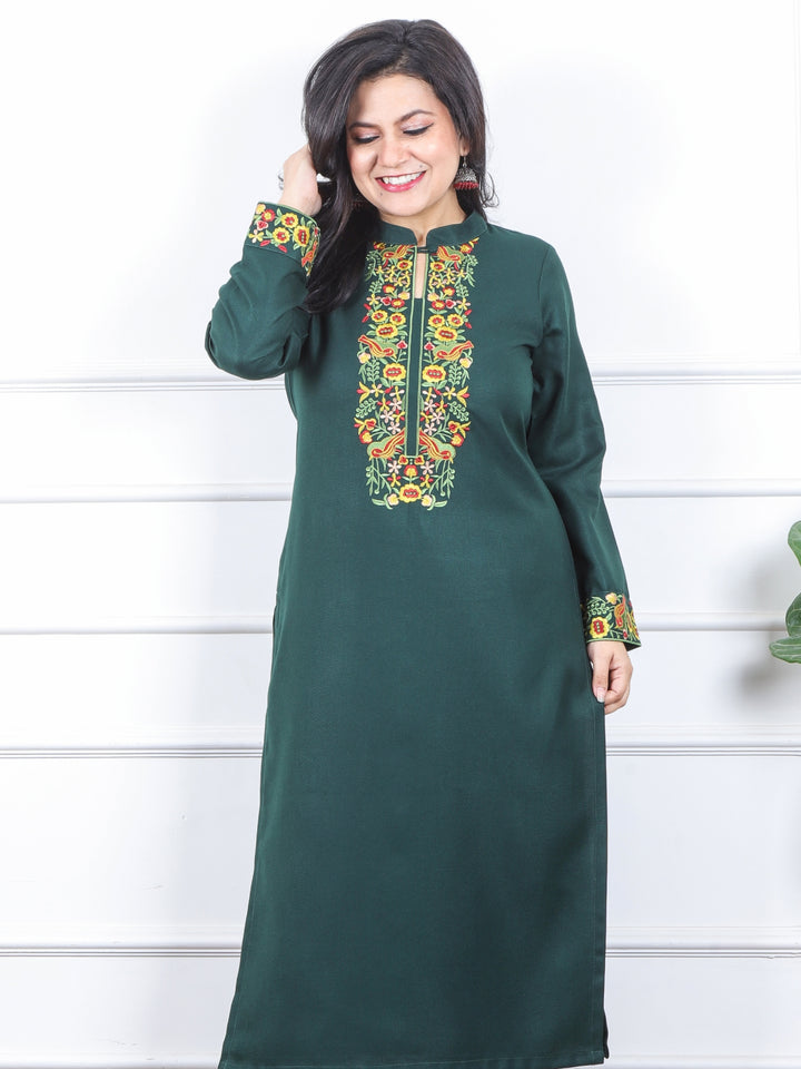 छाया Dark Green Thread Embroidered Neck Semi Pashmina Winter Kurti