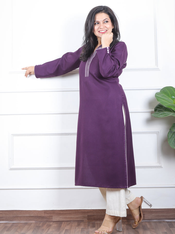 छाया Iris Purple Running Thread Neck Work Semi Pashmina Winter Kurti