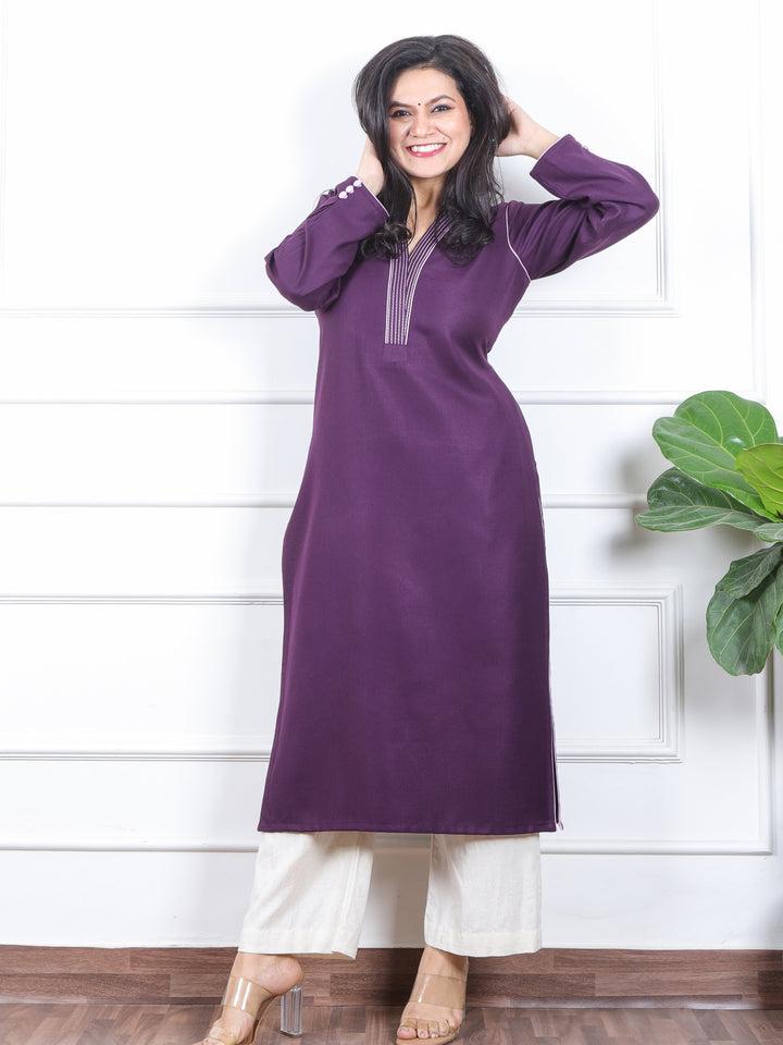 छाया Iris Purple Running Thread Neck Work Semi Pashmina Winter Kurti