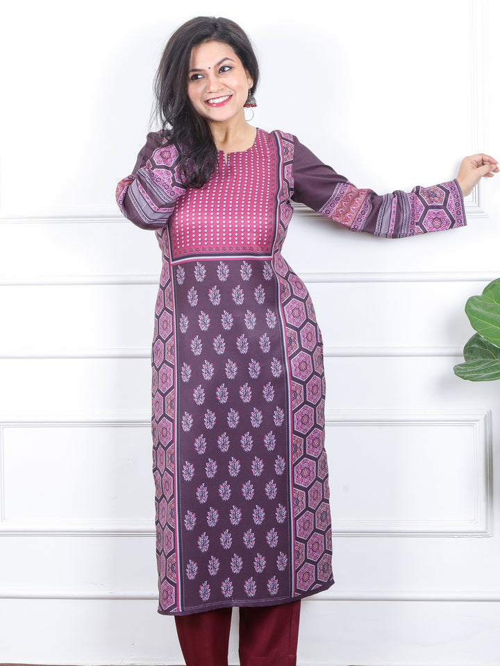 छाया Violet Purple Ajrak Placement Print Semi Pashmina Winter Kurti