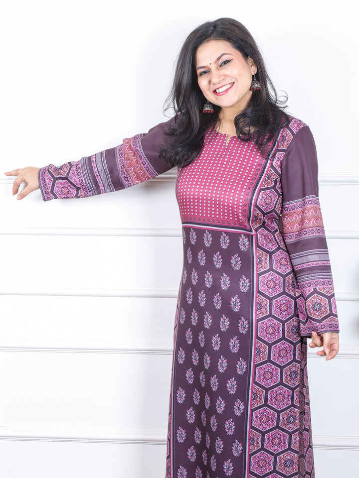 छाया Violet Purple Ajrak Placement Print Semi Pashmina Winter Kurti