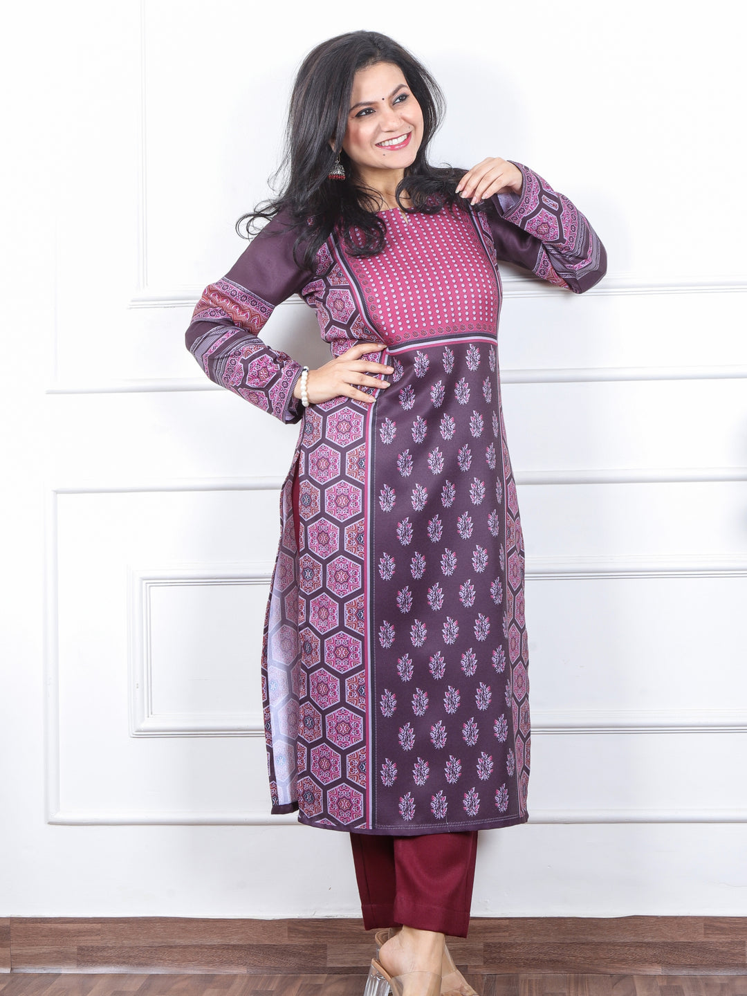 छाया Violet Purple Ajrak Placement Print Semi Pashmina Winter Kurti