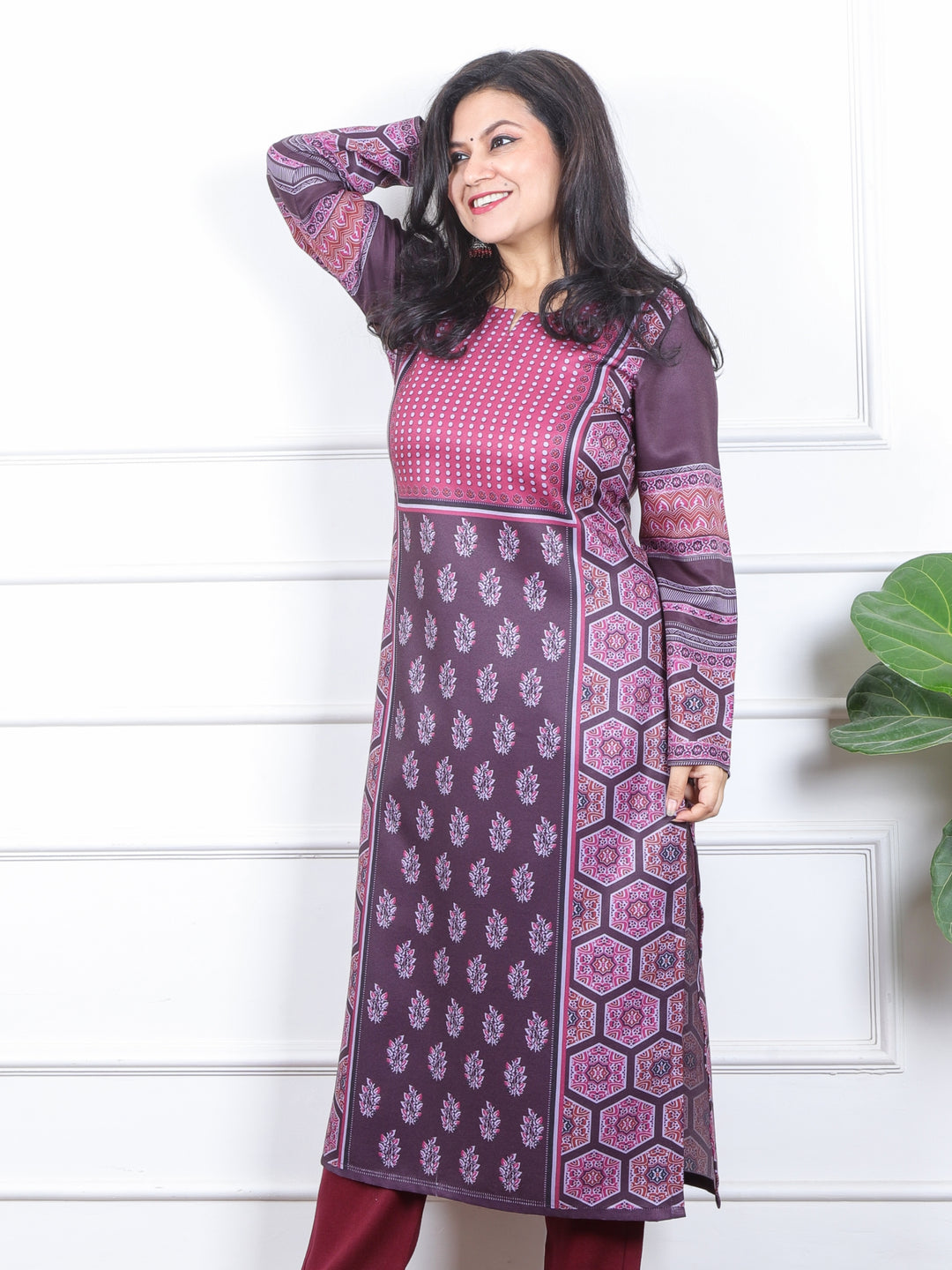 छाया Violet Purple Ajrak Placement Print Semi Pashmina Winter Kurti