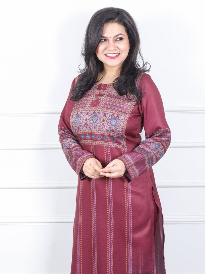 छाया Cherry Maroon Ajrak Placement Print Semi Pashmina Winter Kurti