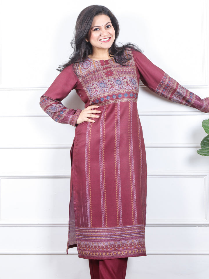 छाया Cherry Maroon Ajrak Placement Print Semi Pashmina Winter Kurti