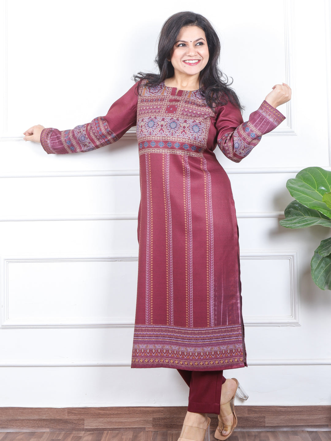 छाया Cherry Maroon Ajrak Placement Print Semi Pashmina Winter Kurti