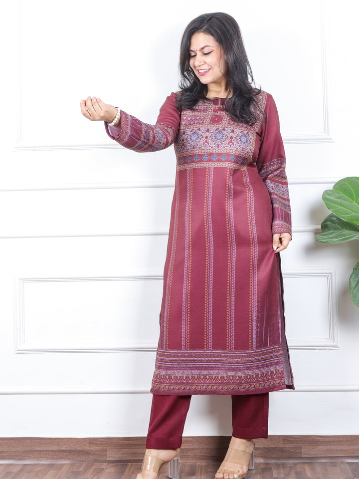 छाया Cherry Maroon Ajrak Placement Print Semi Pashmina Winter Kurti