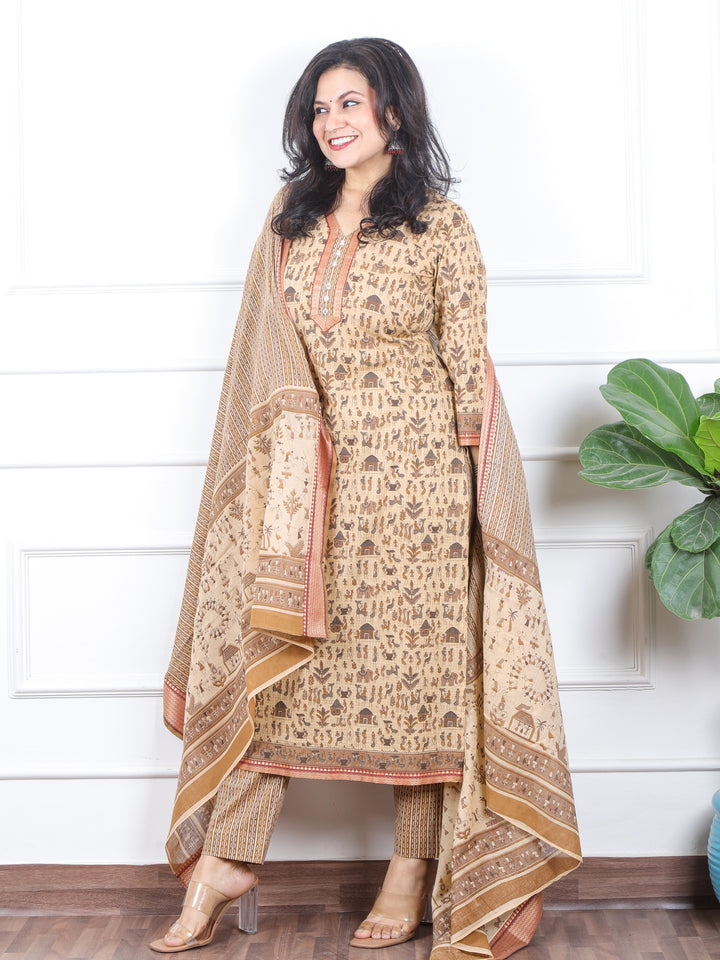 Zinat Sand Cream Warli Printed in Mangalgiri Hem Work Cotton 3 Piece Set