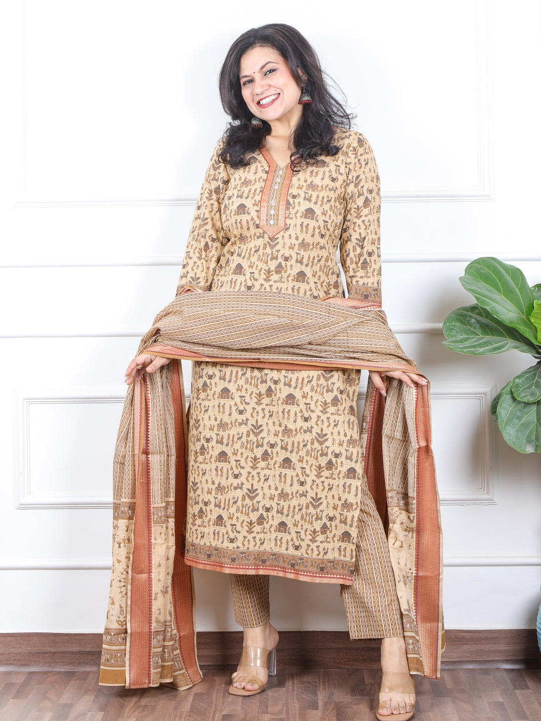 Zinat Sand Cream Warli Printed in Mangalgiri Hem Work Cotton 3 Piece Set