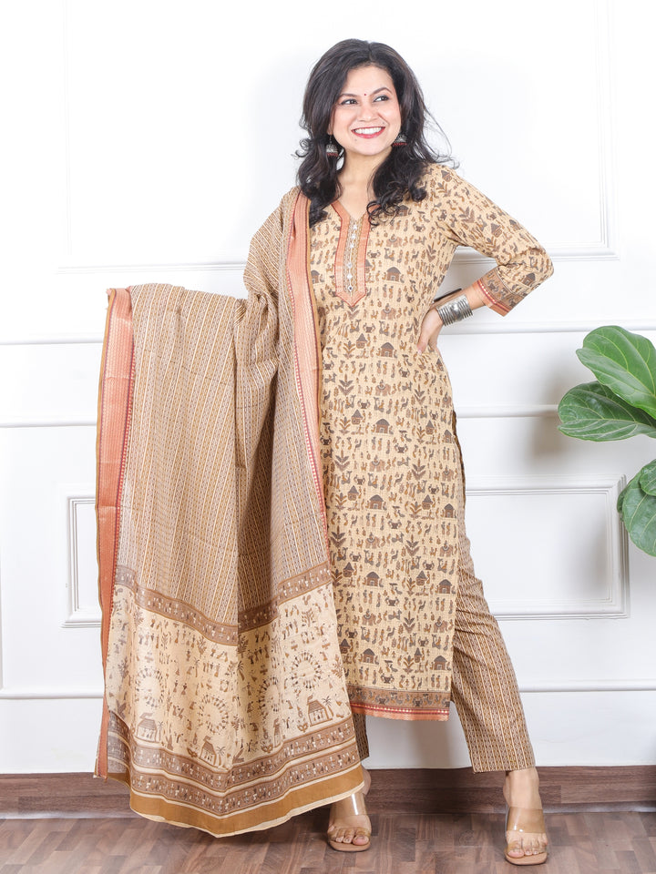 Zinat Sand Cream Warli Printed in Mangalgiri Hem Work Cotton 3 Piece Set