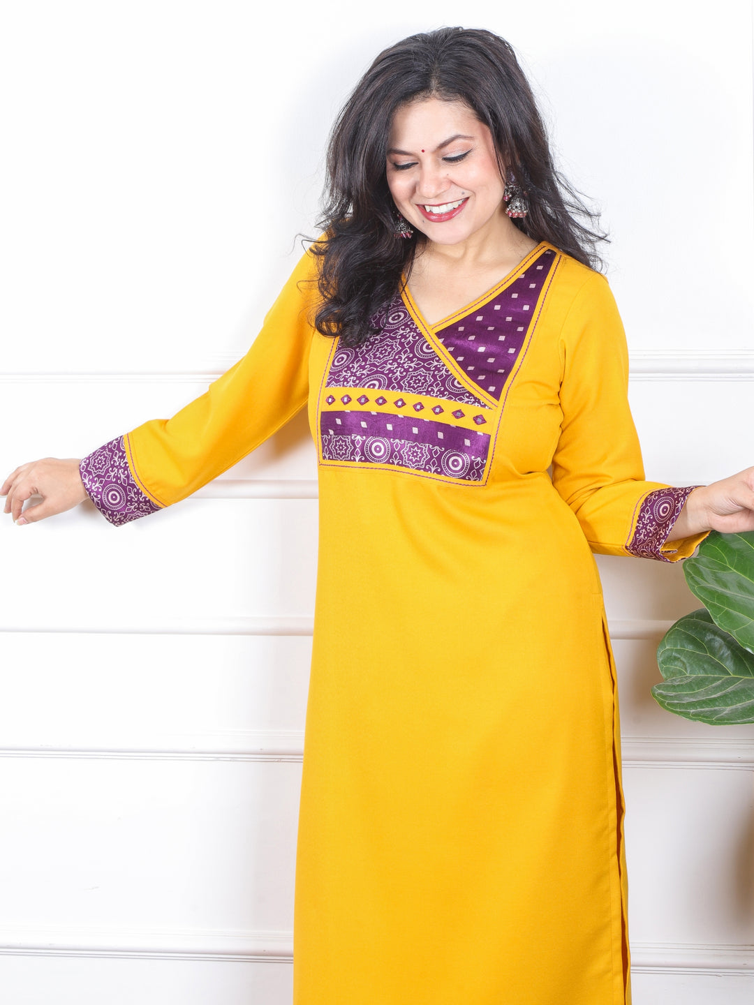 छाया Bumblebee Yellow in Mashru Angrakha Patch in Semi Pashmina Winter Kurti