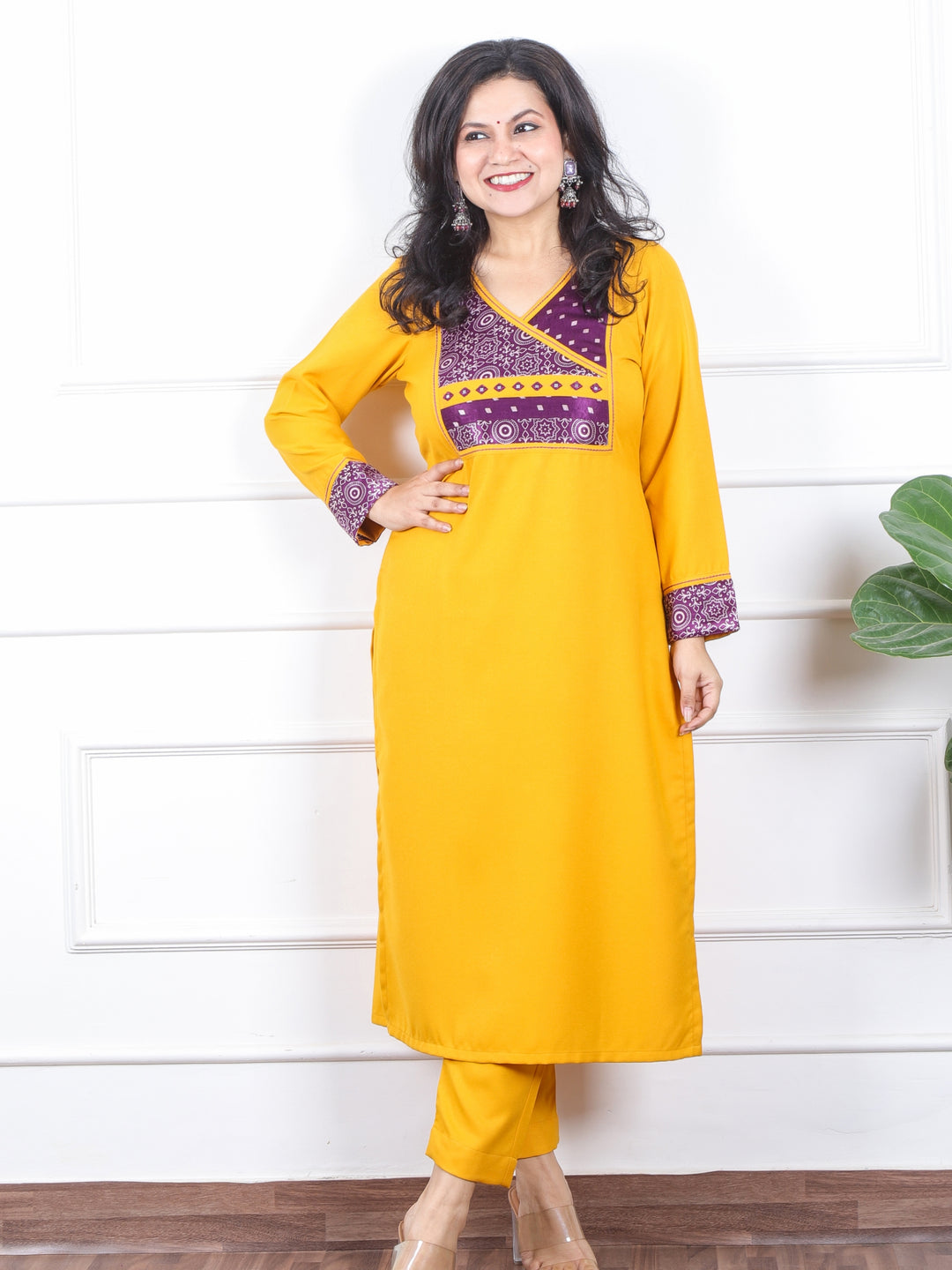 छाया Bumblebee Yellow in Mashru Angrakha Patch in Semi Pashmina Winter Kurti