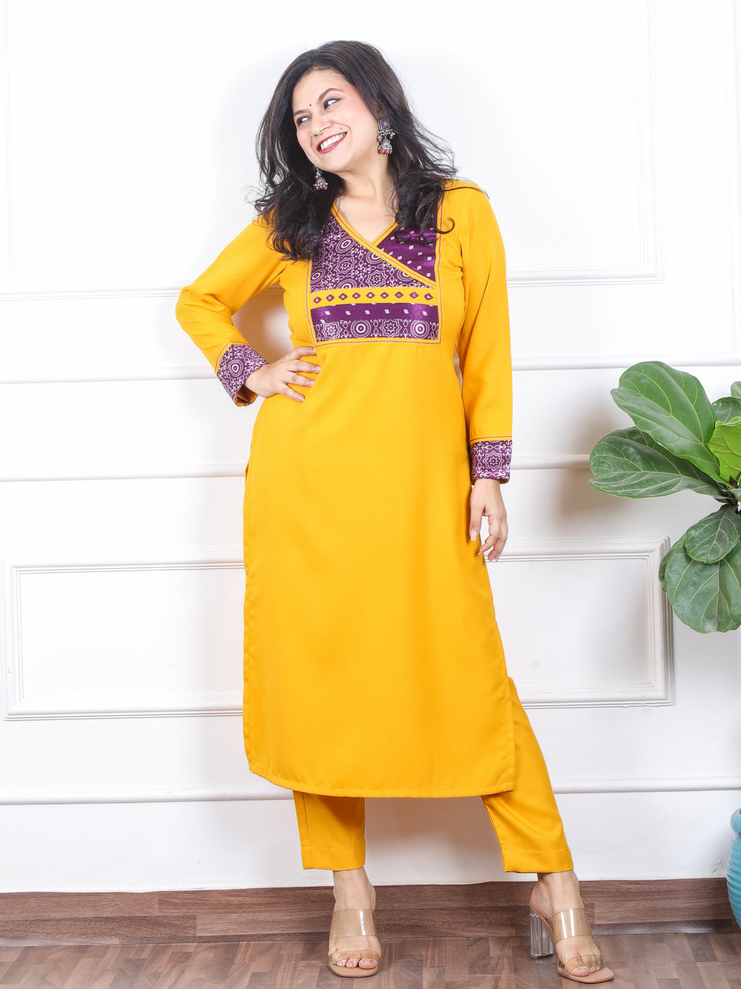 छाया Bumblebee Yellow in Mashru Angrakha Patch in Semi Pashmina Winter Kurti