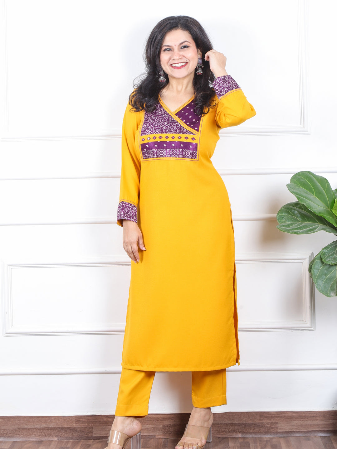 छाया Bumblebee Yellow in Mashru Angrakha Patch in Semi Pashmina Winter Kurti