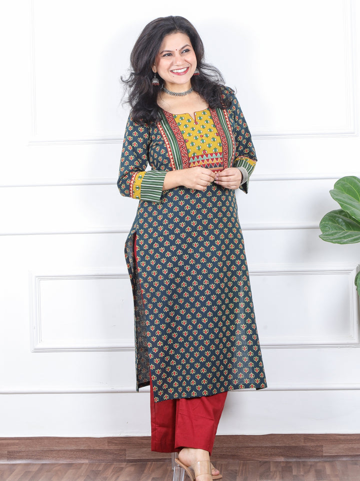 छाया Pine Green Ajrak Print Patch In Ajrak Printed Cotton Kurti-D3