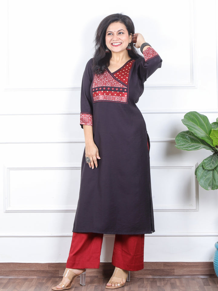 छाया Night Black in Mashru Angrakha Patch in Roman Silk Kurti