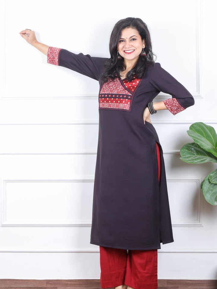 छाया Night Black in Mashru Angrakha Patch in Roman Silk Kurti