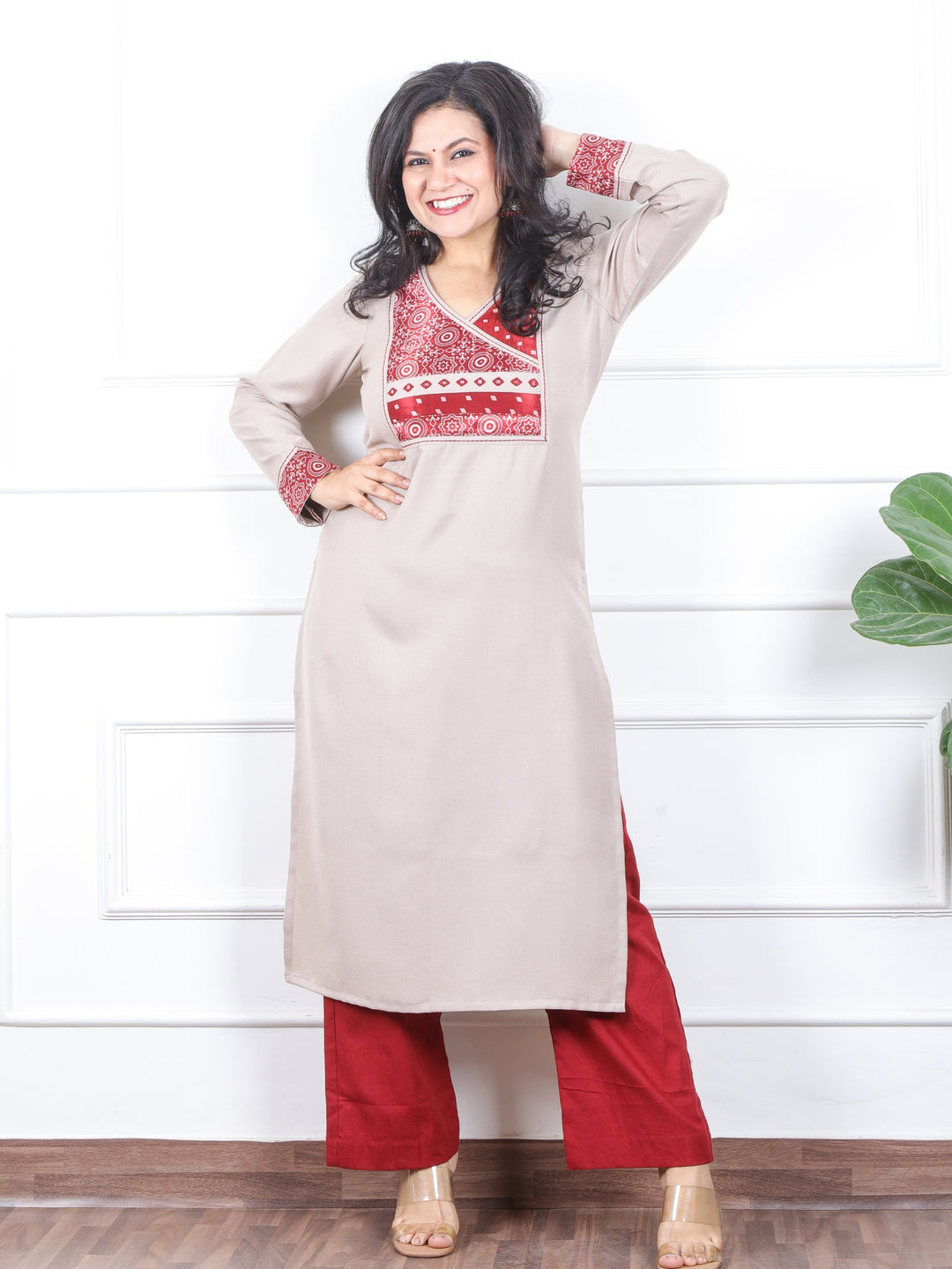 छाया Latte Mocha in Mashru Angrakha Patch in Semi Pashmina Winter Kurti