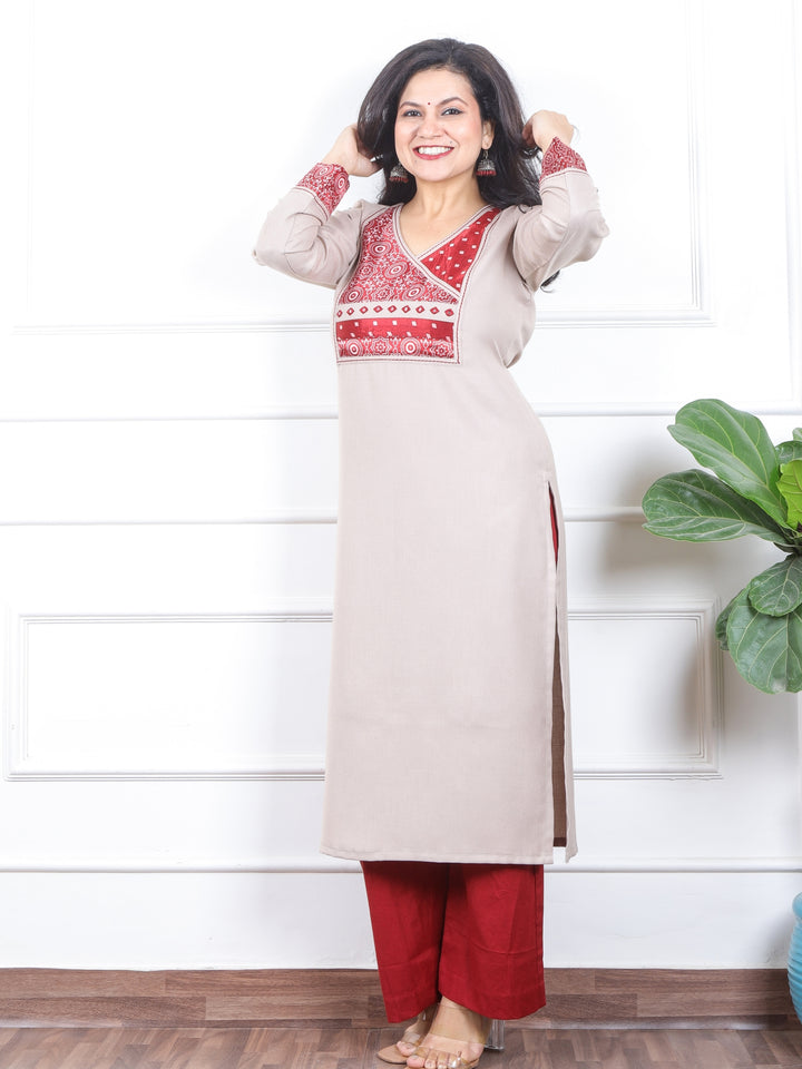 छाया Latte Mocha in Mashru Angrakha Patch in Semi Pashmina Winter Kurti