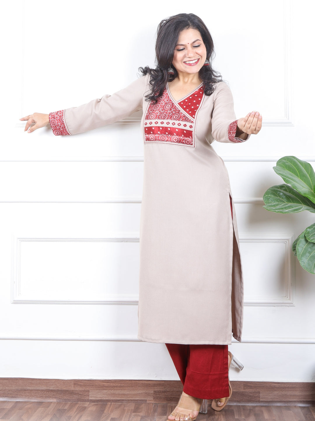 छाया Latte Mocha in Mashru Angrakha Patch in Semi Pashmina Winter Kurti