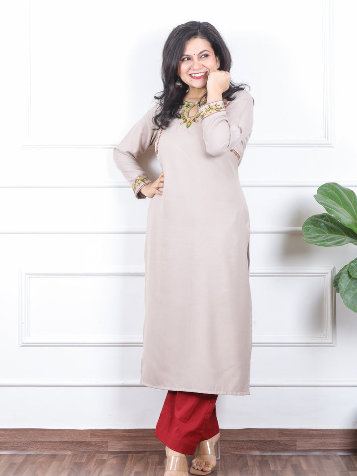 छाया Sand Beige Embroidered Keyhole Neck Semi Pashmina Winter Kurti