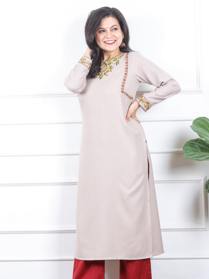 छाया Sand Beige Embroidered Keyhole Neck Semi Pashmina Winter Kurti