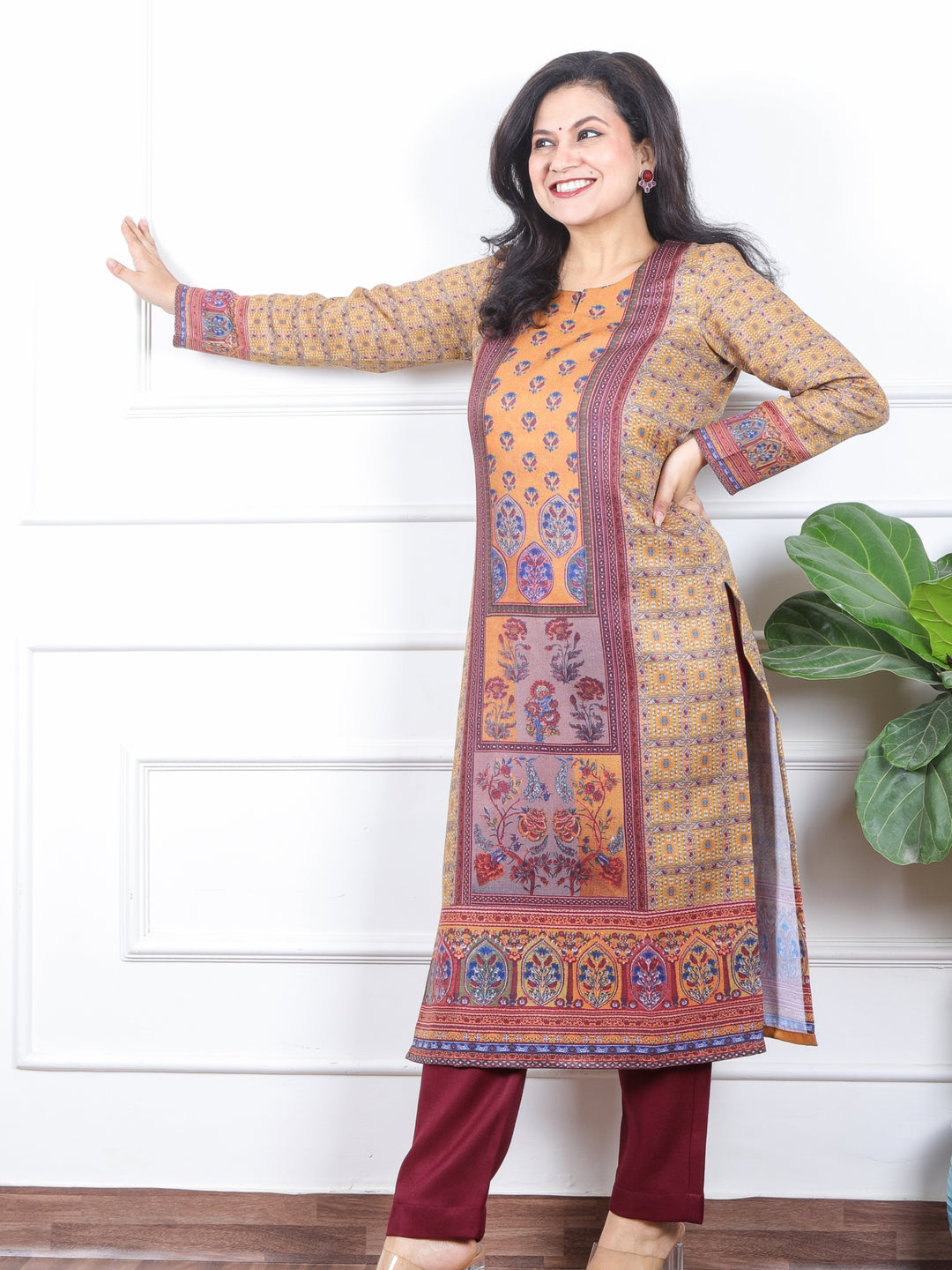 छाया Mustard Yellow Ajrak Placement Print Semi Pashmina Winter Kurti