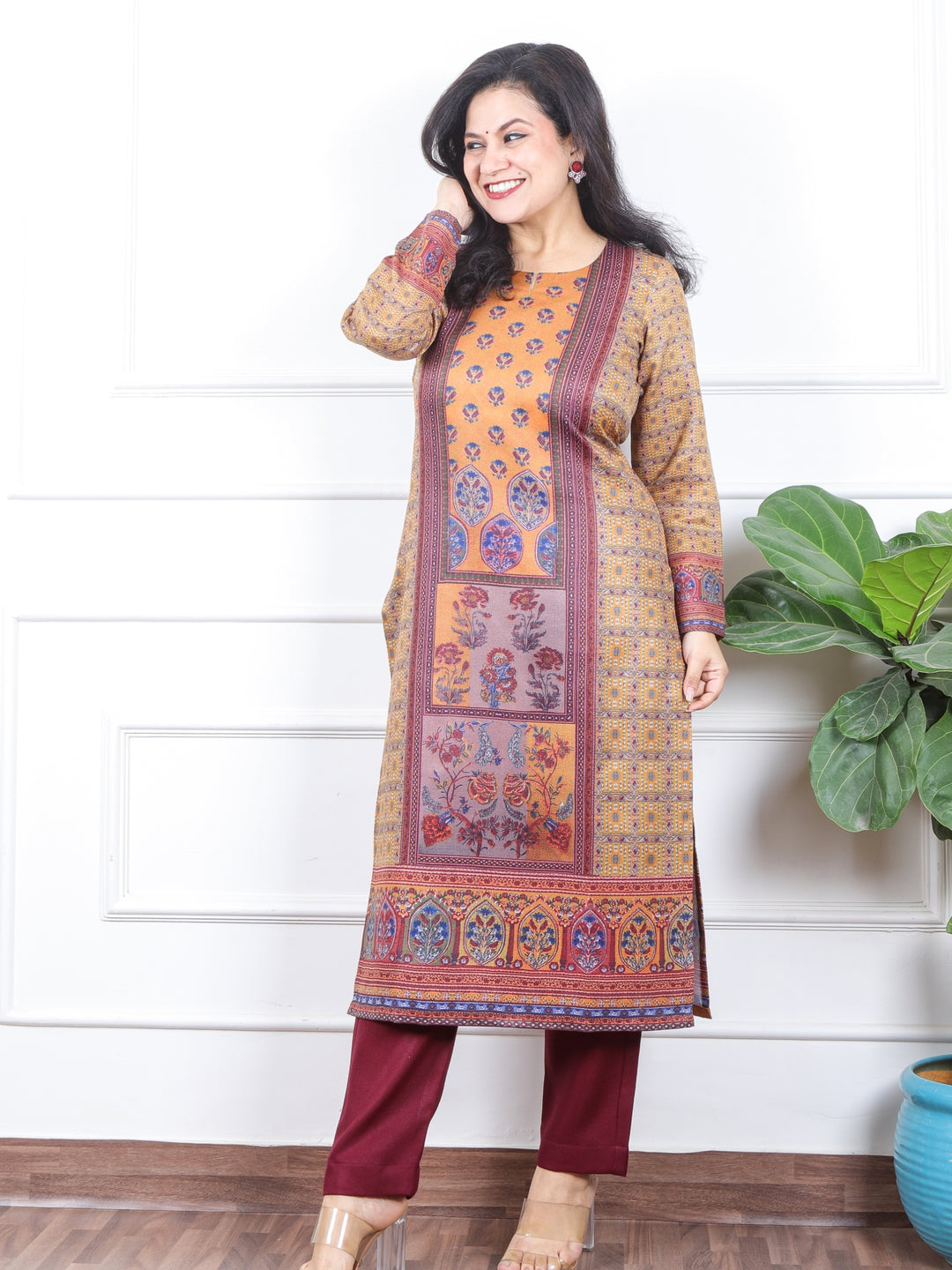 छाया Mustard Yellow Ajrak Placement Print Semi Pashmina Winter Kurti