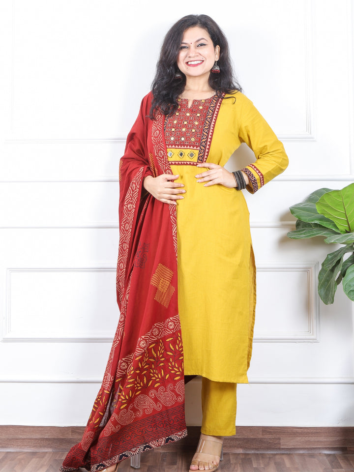 दर्शनी Dijon Yellow Kutch Patch Neck Work Cotton 3 Piece Set