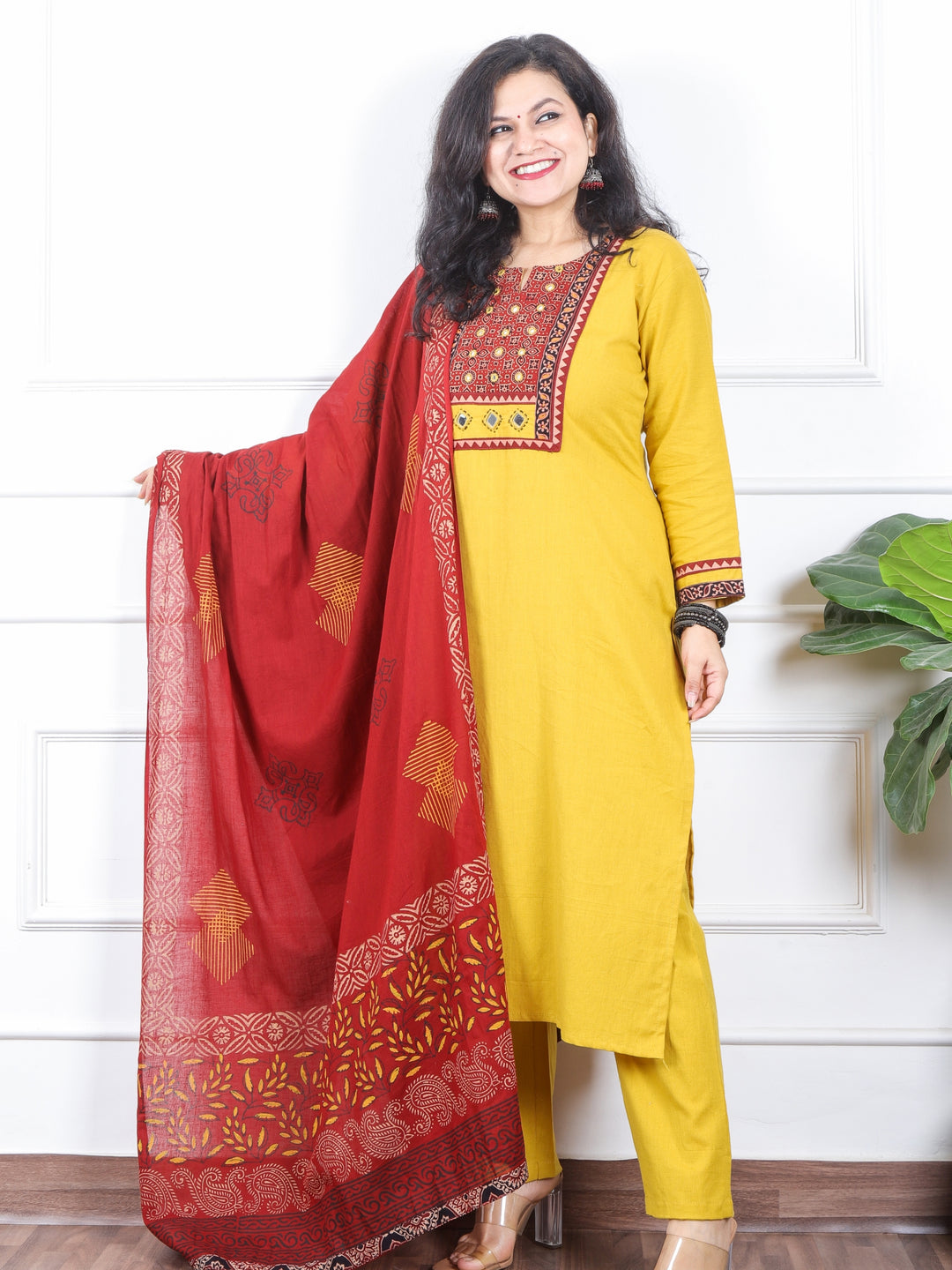 दर्शनी Dijon Yellow Kutch Patch Neck Work Cotton 3 Piece Set