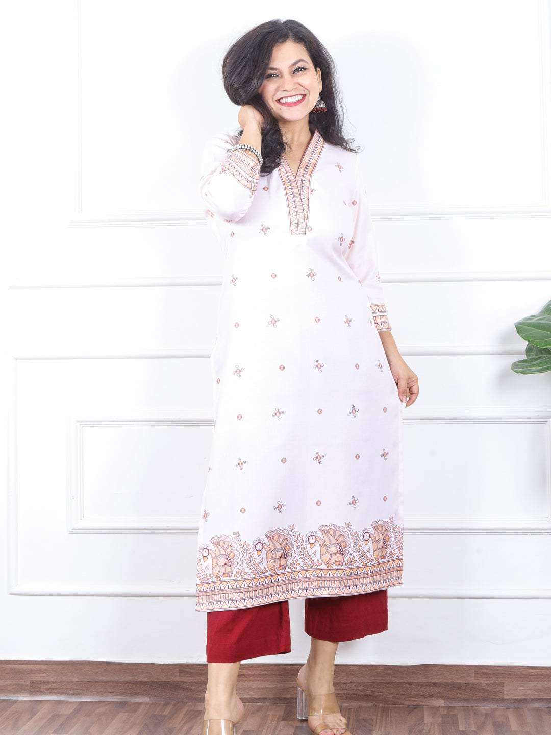 निकुंज White with Rust Orange Madhubani Print V Neck Semi Pashmina Winter Kurti