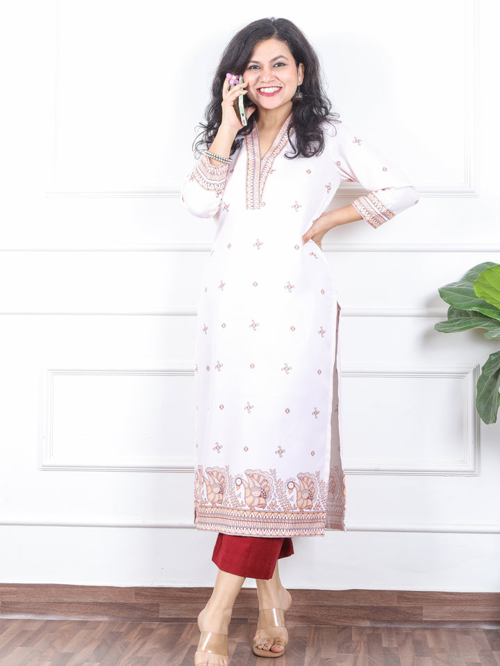 निकुंज White with Rust Orange Madhubani Print V Neck Semi Pashmina Winter Kurti