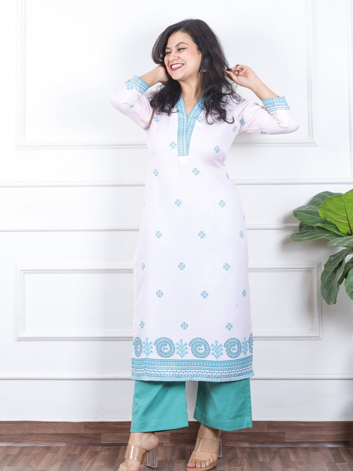 निकुंज White with Blue Madhubani Print V Neck Semi Pashmina Winter Kurti