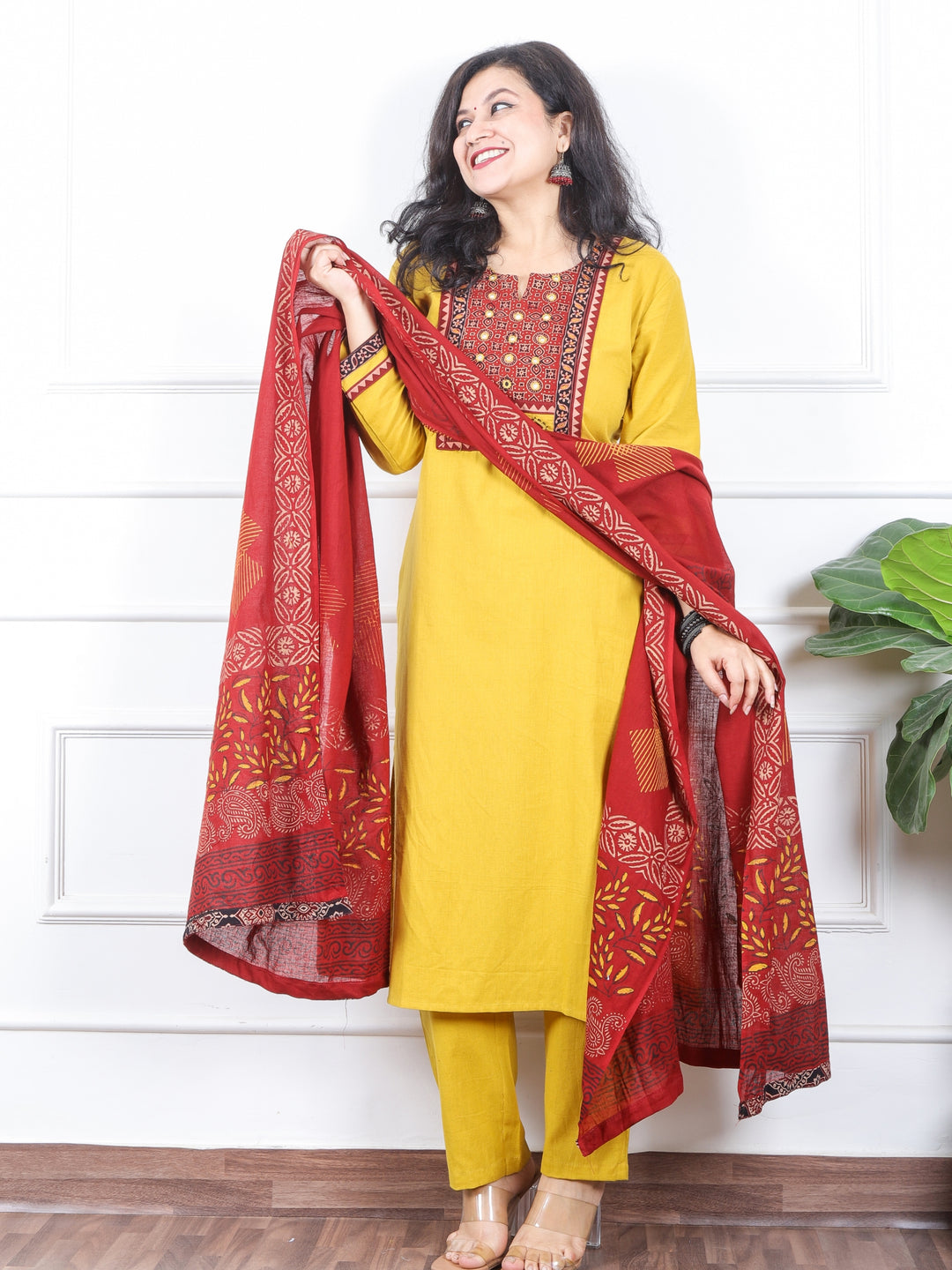 दर्शनी Dijon Yellow Kutch Patch Neck Work Cotton 3 Piece Set