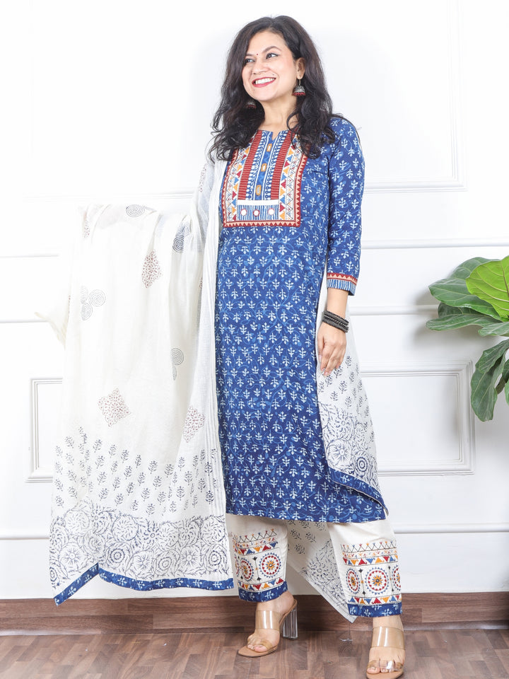 दर्शनी Indigo Blue Kutch Embroidery Neck Work Print Cotton 3 Piece Set-D9