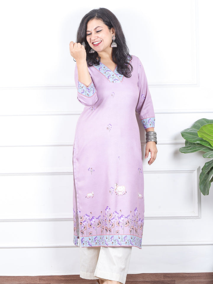 निकुंज Soft Lilac Pichwai Print V Neck Semi Pashmina Winter Kurti