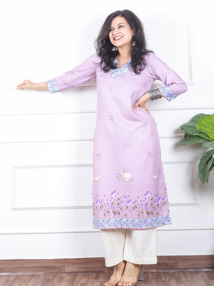 निकुंज Soft Lilac Pichwai Print V Neck Semi Pashmina Winter Kurti