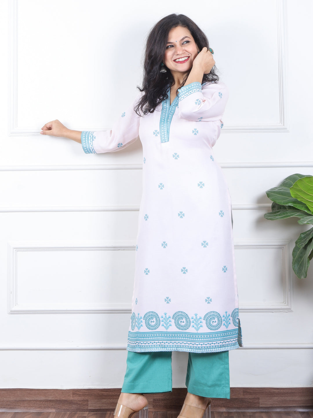 निकुंज White with Blue Madhubani Print V Neck Semi Pashmina Winter Kurti