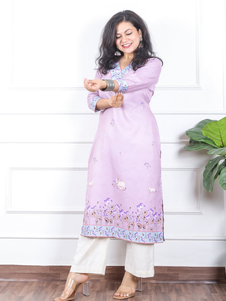 निकुंज Soft Lilac Pichwai Print V Neck Semi Pashmina Winter Kurti