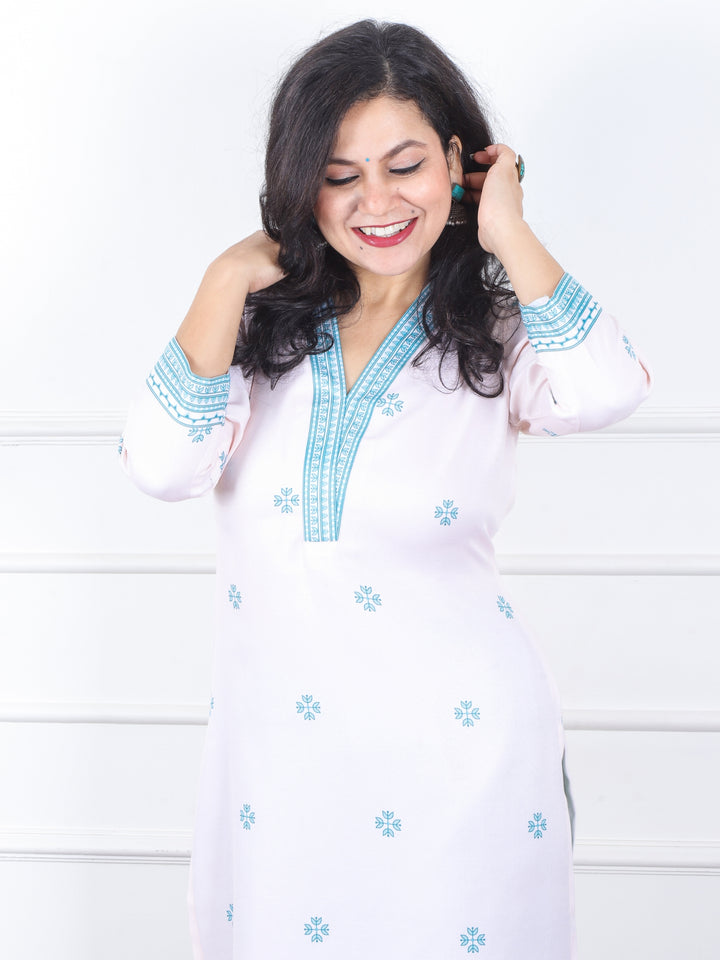 निकुंज White with Blue Madhubani Print V Neck Semi Pashmina Winter Kurti