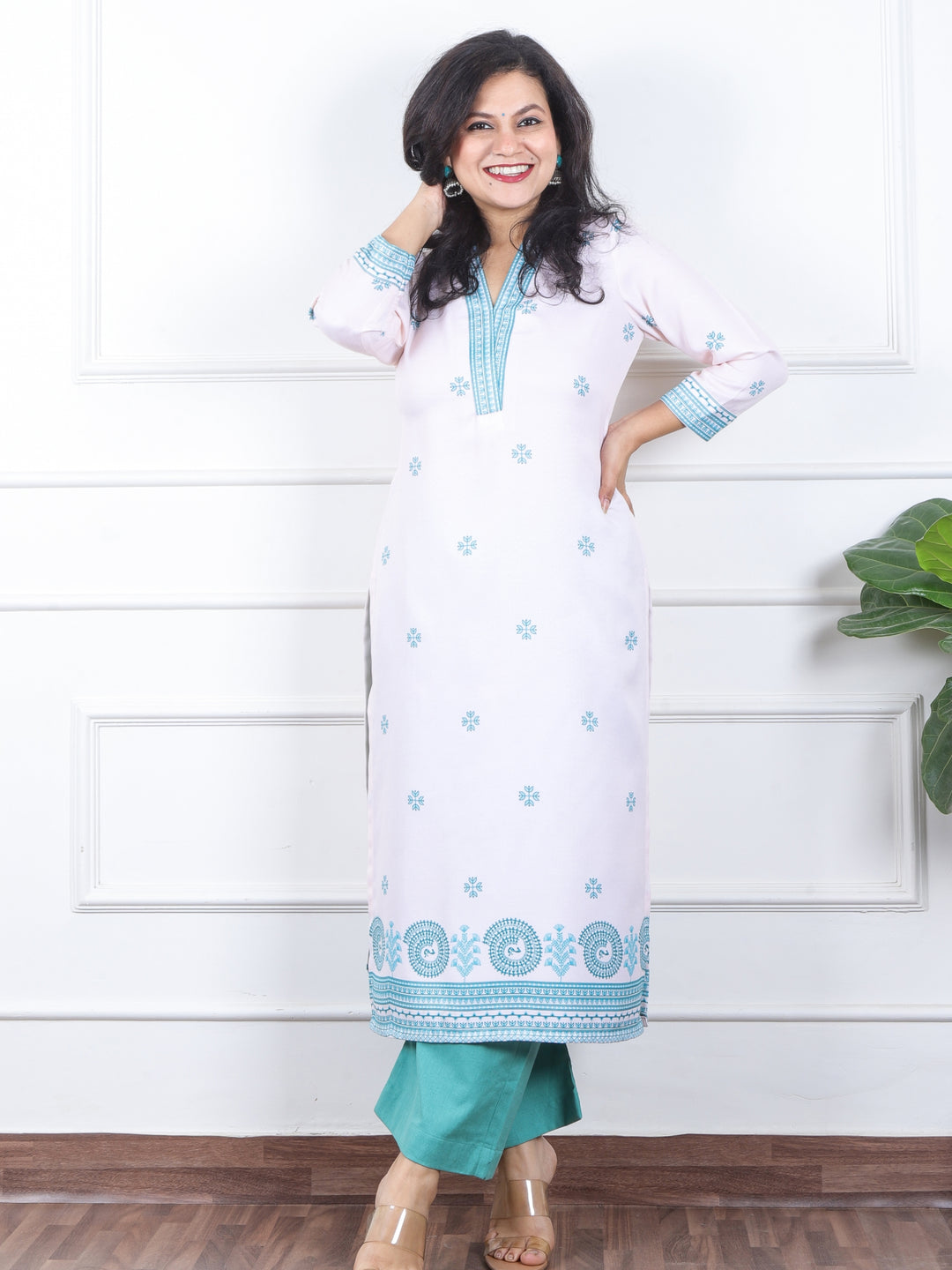 निकुंज White with Blue Madhubani Print V Neck Semi Pashmina Winter Kurti