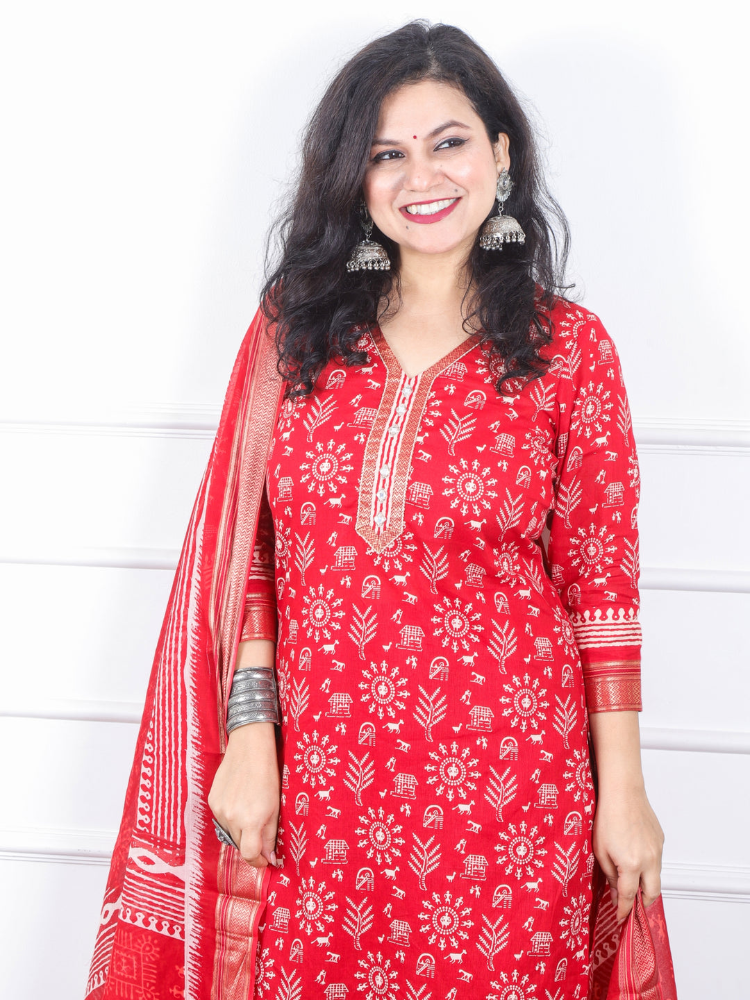 Zinat Bright Red Warli Printed in Mangalgiri Hem Work Cotton 3 Piece Set