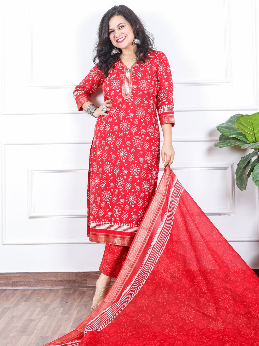 Zinat Bright Red Warli Printed in Mangalgiri Hem Work Cotton 3 Piece Set