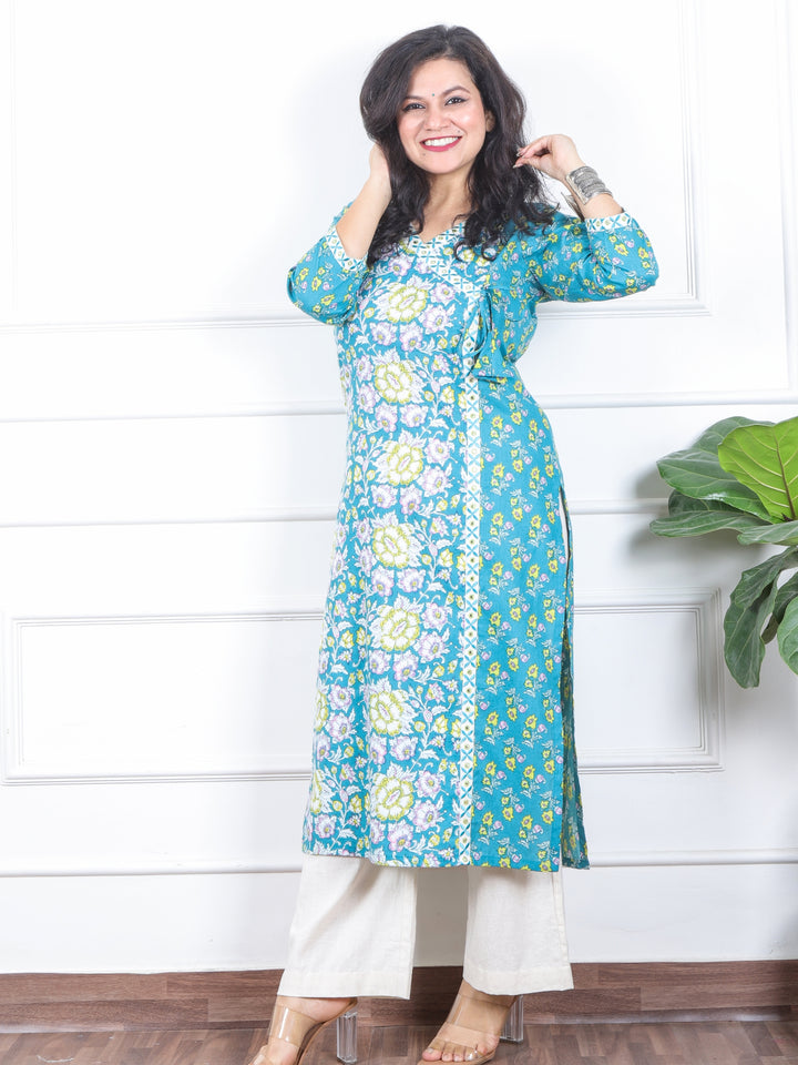 Naari Ocean Sea Form Angrakha Style Neck Floral Printed Cotton Kurti