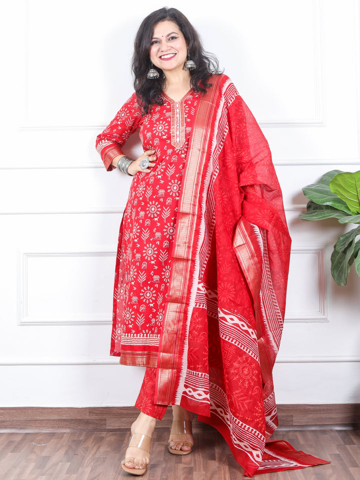 Zinat Bright Red Warli Printed in Mangalgiri Hem Work Cotton 3 Piece Set