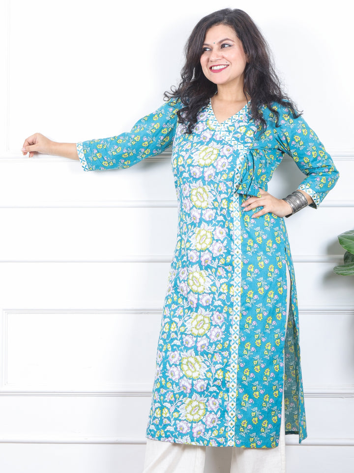 Naari Ocean Sea Form Angrakha Style Neck Floral Printed Cotton Kurti